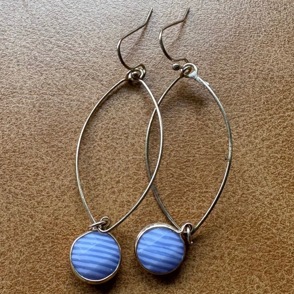 Oval Hoop Earrings with Faceted‎ Blue Agate Stone Drops Dangle